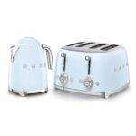 Smeg 50’s Style Retro Range Breakfast Set, 1.7L 3000W Kettle and Multi-Functional Control 4-Slice 2000W Toaster, Pastel Blue