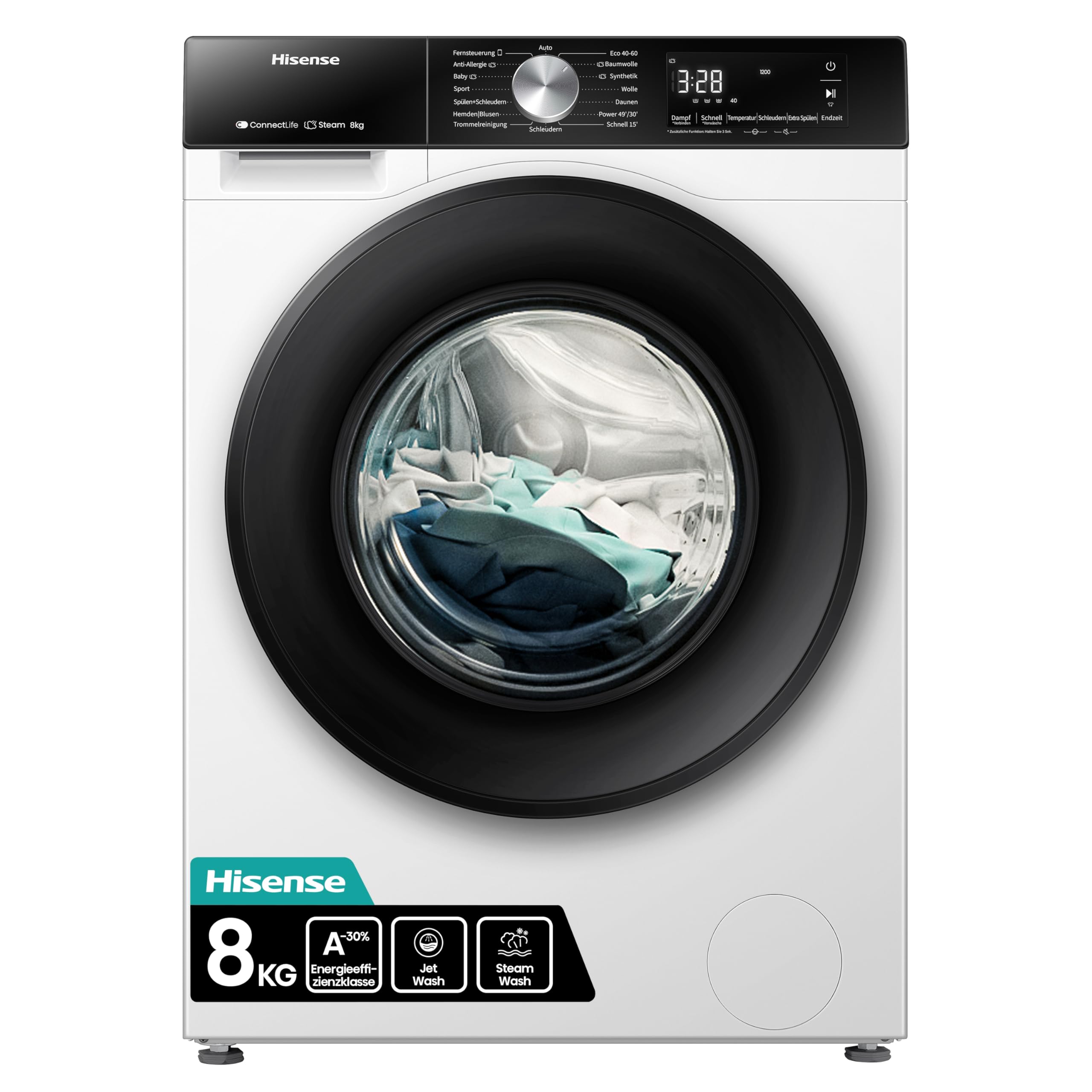 71VtdGgfe8L Hisense WF3S8043BW3 Waschmachine mit Dampffunkunktion, 8 kg, 1400 U,min, WIFI, ConnectLife, Power JetWash, Anti-Allergie Programm - Image 1